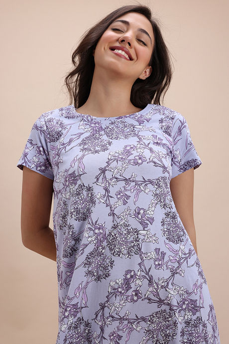 Zivame Knit Cotton Knee Length Nightdress With In Built Slip On Bra - Heirloom Lilac — image 5